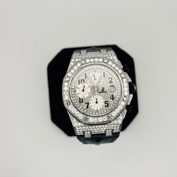 Audemars Piguet Royal Oak Offshore Chronograph – White Gold, Diamond Bezel, Pave Dial, Black Leather Strap