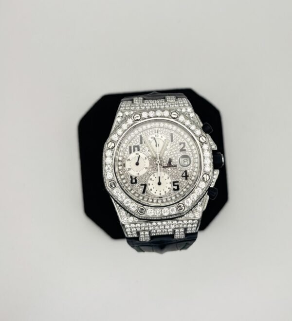Audemars Piguet Royal Oak Offshore Chronograph – White Gold, Diamond Bezel, Pave Dial, Black Leather Strap